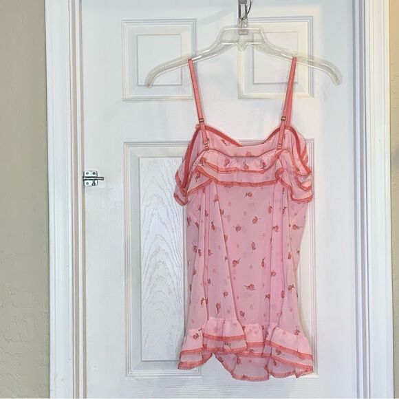 90s Cinema Etoile Pink Rose Print Ruffled Trim Babydoll Size XL - Picture 2 of 9